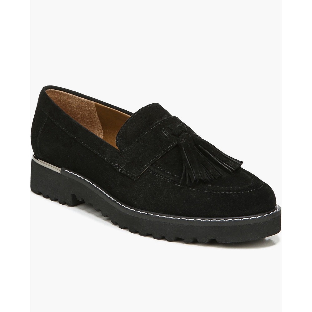 Franco Sarto Black Suede Tassel Loafers Womens 10W Wide Lug Sole Comfort Casuals